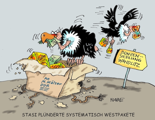 Cartoon: Westpakete (medium) by RABE tagged stasi,ddr,honecker,sed,überwachungsstaat,spitzel,rabe,ralf,böhme,cartoon,karikatur,pressezeichnung,farbcartoon,tagescartoon,wandlitz,bonzen,westen,kaffe,dm,geld,pakete,plünderer,stasi,ddr,honecker,sed,überwachungsstaat,spitzel,rabe,ralf,böhme,cartoon,karikatur,pressezeichnung,farbcartoon,tagescartoon,wandlitz,bonzen,westen,kaffe,dm,geld,pakete,plünderer