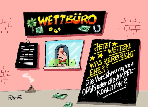 Cartoon: Wetteifer (medium) by RABE tagged ampel,ampelregierung,rot,grün,gelb,fdp,spd,grüne,rabe,ralf,böhme,cartoon,karikatur,pressezeichnung,farbcartoon,tagescartoon,pöbelei,pöbler,bestrafung,regelung,beschimpfung,bundestag,abgeordnete,wette,wettbüro,bruch,risse,oasis,versöhnung,britpop,brüder,gallagher,tour,beat,beatles,musik,medien,unterhaltung,künstler,ampel,ampelregierung,rot,grün,gelb,fdp,spd,grüne,rabe,ralf,böhme,cartoon,karikatur,pressezeichnung,farbcartoon,tagescartoon,pöbelei,pöbler,bestrafung,regelung,beschimpfung,bundestag,abgeordnete,wette,wettbüro,bruch,risse,oasis,versöhnung,britpop,brüder,gallagher,tour,beat,beatles,musik,medien,unterhaltung,künstler