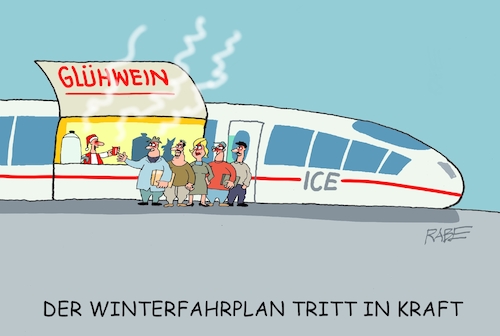 Cartoon: Winterfahrplan (medium) by RABE tagged bahn,db,bahnkunden,fahrpreis,fahrpreiserhöhung,rabe,ralf,böhme,cartoon,karikatur,pressezeichnung,farbcartoon,tagescartoon,schnellzug,bahnticket,schlusslicht,passagiere,bahnreisende,puffer,winter,winterfahrplan,fahrplanumstellung,ice,schaffner,kälte,glühwein,glühweinstand,wagenreihung,bahn,db,bahnkunden,fahrpreis,fahrpreiserhöhung,rabe,ralf,böhme,cartoon,karikatur,pressezeichnung,farbcartoon,tagescartoon,schnellzug,bahnticket,schlusslicht,passagiere,bahnreisende,puffer,winter,winterfahrplan,fahrplanumstellung,ice,schaffner,kälte,glühwein,glühweinstand,wagenreihung