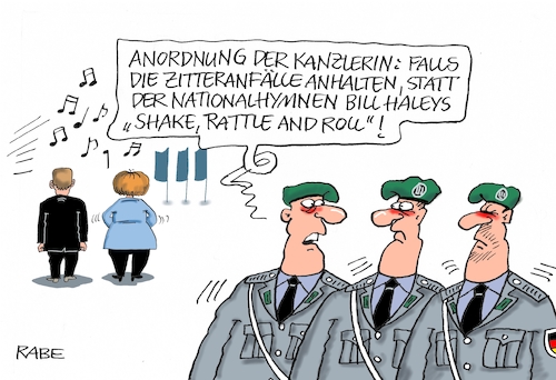 Cartoon: Zitterpartie II (medium) by RABE tagged merkel,kanzlerin,staatsempfang,staatsgäste,hymne,nationalhymne,hymnenphobie,phobie,rabe,ralf,böhme,cartoon,karikatur,pressezeichnung,farbcartoon,tagescartoon,zitterattacke,zizzeranfall,schwächeanfall,merkel,kanzlerin,staatsempfang,staatsgäste,hymne,nationalhymne,hymnenphobie,phobie,rabe,ralf,böhme,cartoon,karikatur,pressezeichnung,farbcartoon,tagescartoon,zitterattacke,zizzeranfall,schwächeanfall