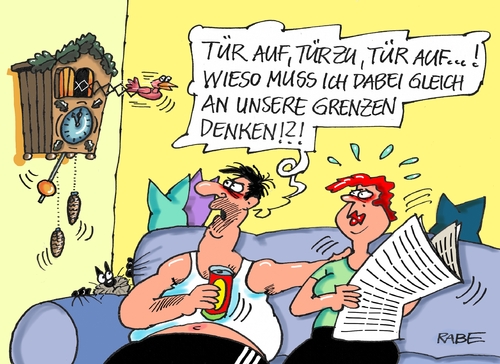 Cartoon: Zum Kuckuck mit den Grenzen (medium) by RABE tagged grenzen,grenzöffnung,grenzschließung,flüchtlinge,illegale,einwanderer,asylanten,bayern,ungarn,grenzzaun,österreich,eu,flüchtlingsrate,stacheldraht,zaun,rabe,ralf,böhme,cartoon,karikatur,pressezeichnung,farbcartoon,tagescartoon,ehepaar,couch,uhr,kuckuck,kuckkcuksuhr,türe,tor,grenzkontrollen,ausweispapiere,grenzen,grenzöffnung,grenzschließung,flüchtlinge,illegale,einwanderer,asylanten,bayern,ungarn,grenzzaun,österreich,eu,flüchtlingsrate,stacheldraht,zaun,rabe,ralf,böhme,cartoon,karikatur,pressezeichnung,farbcartoon,tagescartoon,ehepaar,couch,uhr,kuckuck,kuckkcuksuhr,türe,tor,grenzkontrollen,ausweispapiere