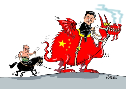 Cartoon: Zweispänner (medium) by RABE tagged putin,moskau,kremlchef,russland,ukrainekrieg,china,peking,xi,jinping,staatschef,treffen,staatsbesuch,rabe,ralf,böhme,karikatur,cartoon,farbcartoon,pressezeichnung,tagescartoon,drachen,pferd,zügel,reiter,sattel,echse,putin,moskau,kremlchef,russland,ukrainekrieg,china,peking,xi,jinping,staatschef,treffen,staatsbesuch,rabe,ralf,böhme,karikatur,cartoon,farbcartoon,pressezeichnung,tagescartoon,drachen,pferd,zügel,reiter,sattel,echse