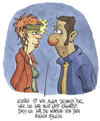 Cartoon: Elvira (medium) by mele tagged wünsche,paare,augen,männer,und,frauen,wunsch,paar,mann,frau,beziehung,rasur,augen,erwartung,technik,stirnband