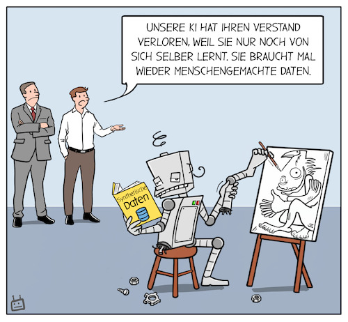 Cartoon: AI gets MAD (medium) by Cloud Science tagged ki,künstliche,intelligenz,mad,daten,habsburg,habsburger,synthetisch,model,autophagy,disorder,störung,generative,generativ,echo,schleife,bipolar,maschinelles,lernen,training,tech,technik,technologie,wissenschaft,inzucht,ki,künstliche,intelligenz,mad,daten,synthetisch,model,autophagy,disorder,störung,generative,generativ,echo,schleife,bipolar,maschinelles,lernen,training,tech,technik,technologie,wissenschaft