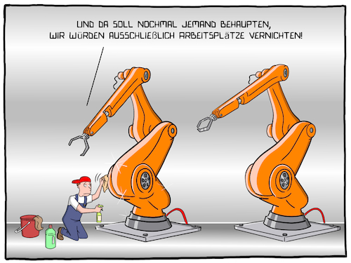 Cartoon: Arbeitswelt der Zukunft (medium) by Cloud Science tagged arbeitsplatz,roboter,robotik,digital,digitalisierung,automatisierung,mechanisch,putzen,fertigung,disruption,transformation,sozial,technologie,tech,mensch,job,arbeit,arbeitslosigkeit,ersetzen,fachkraft,iot,intelligent,ki,smart,kuenstliche,intelligenz,cartoon,moeller,illustration,wirtschaft,gesellschaft,arbeitsamt,industrieroboter,arbeitsplatz,roboter,robotik,digital,digitalisierung,automatisierung,mechanisch,putzen,fertigung,disruption,transformation,sozial,technologie,tech,mensch,job,arbeit,arbeitslosigkeit,ersetzen,fachkraft,iot,intelligent,ki,smart,kuenstliche,intelligenz,cartoon,moeller,illustration,wirtschaft,gesellschaft,arbeitsamt,industrieroboter