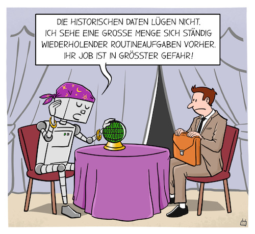 Cartoon: Automatisierung und Arbeit (medium) by Cloud Science tagged arbeit,zukunft,automatisierung,rpa,roboter,repetitiv,wiederholung,it,ki,künstliche,intelligenz,prozess,wahrsager,jobverlust,bot,daten,historische,analyse,business,digitalisierung,digital,technik,technologie,arbeit,zukunft,automatisierung,rpa,roboter,repetitiv,wiederholung,it,ki,künstliche,intelligenz,prozess,wahrsager,jobverlust,bot,daten,historische,analyse,business,digitalisierung,digital,technik,technologie