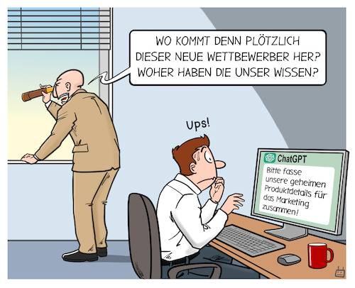 Cartoon: Betriebsgeheimnisse (medium) by Cloud Science tagged chatgpt,ki,openai,betriebsgeheimnisse,datenschutz,datensicherheit,vertraulichkeit,geheimhaltung,künstliche,intelligenz,sensible,daten,datenmissbrauch,unternehmensgeheimnisse,risikomanagement,vertrauen,im,unternehmen,cybersicherheit,digitalisierung,technologie,chatgpt,ki,openai,betriebsgeheimnisse,datenschutz,datensicherheit,vertraulichkeit,geheimhaltung,künstliche,intelligenz,sensible,daten,datenmissbrauch,unternehmensgeheimnisse,risikomanagement,vertrauen,im,unternehmen,cybersicherheit,digitalisierung,technologie