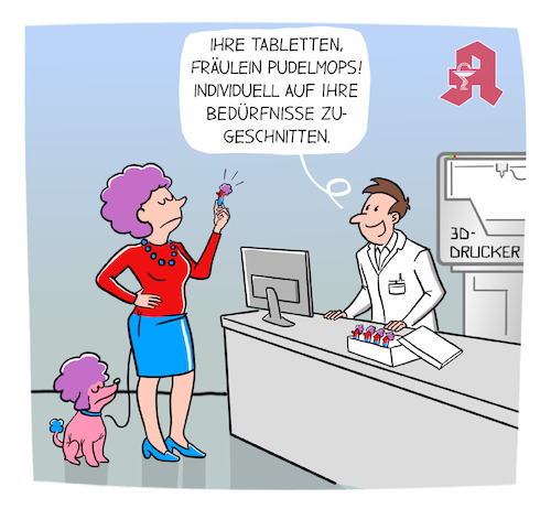 Cartoon: Die Medizin der Zukunft (medium) by Cloud Science tagged medizin,medikament,apotheke,zukunft,3ddrucker,innovation,technologie,tech,digitalisierung,gesundheit,health,healthtech,pudel,individualisierung,apotheker,arzt,tablette,pillen,medizin,medikament,apotheke,zukunft,3ddrucker,innovation,technologie,tech,digitalisierung,gesundheit,health,healthtech,pudel,individualisierung,apotheker,arzt,tablette,pillen