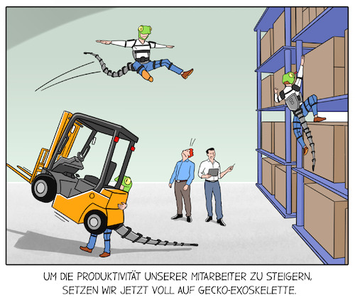 Cartoon: Exoskelett (medium) by Cloud Science tagged exoskelett,exoskelette,industrie,stärke,gecko,logistik,lager,heben,produktivität,bionik,mechanik,tech,technologie,innovation,arbeitsplatz,zukunft,exoskelett,exoskelette,industrie,stärke,gecko,logistik,lager,heben,produktivität,bionik,mechanik,tech,technologie,innovation,arbeitsplatz,zukunft