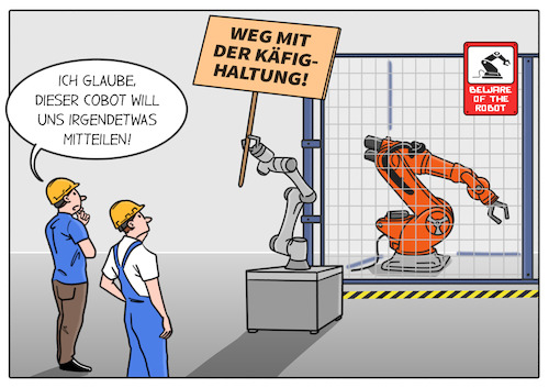 Cartoon: Käfighaltung (medium) by Cloud Science tagged roboter,robotik,industrieroboter,cobot,sicherheit,käfighaltung,technologie,produktion,mensch,maschine,fabrik,zukunft,automatisierung,roboter,robotik,industrieroboter,cobot,sicherheit,käfighaltung,technologie,produktion,mensch,maschine,fabrik,zukunft,automatisierung