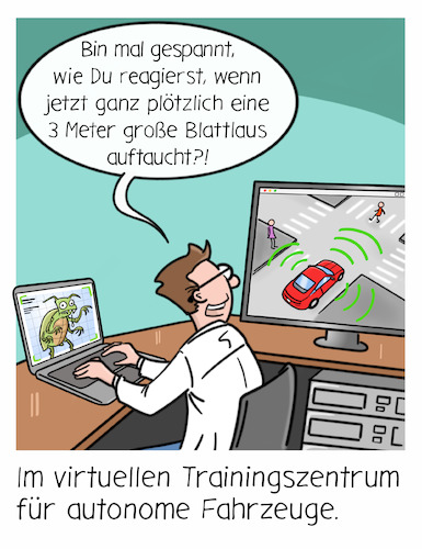 Cartoon: KI Simulation (medium) by Cloud Science tagged ki,selbstfahrendes,auto,autonomes,fahren,simulation,testing,training,depp,learning,maschinelles,lernen,künstliche,intelligenz,fahrzeug,autoindustrie,daten,it,digitalisierung,blattlaus,entwicklung,digital,ki,selbstfahrendes,auto,autonomes,fahren,simulation,testing,training,depp,learning,maschinelles,lernen,künstliche,intelligenz,fahrzeug,autoindustrie,daten,it,digitalisierung,blattlaus,entwicklung,digital