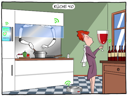 Cartoon: Küche 4.0 (medium) by Cloud Science tagged kueche,smart,home,iot,internet,der,dinge,vernetzung,roboter,roboterarm,haus,intelligenz,zukunft,robotik,kochen,sensoren,technologie,technik,hausfrau,moley,automatisierung,disruption,automation,tech,it,kuehlschrank,saugroboter,moeller,illustration,wein,weinglas,rotwein,alkohol,kueche,smart,home,iot,internet,der,dinge,vernetzung,roboter,roboterarm,haus,intelligenz,zukunft,robotik,kochen,sensoren,technologie,technik,hausfrau,moley,automatisierung,disruption,automation,tech,it,kuehlschrank,saugroboter,moeller,illustration,wein,weinglas,rotwein,alkohol