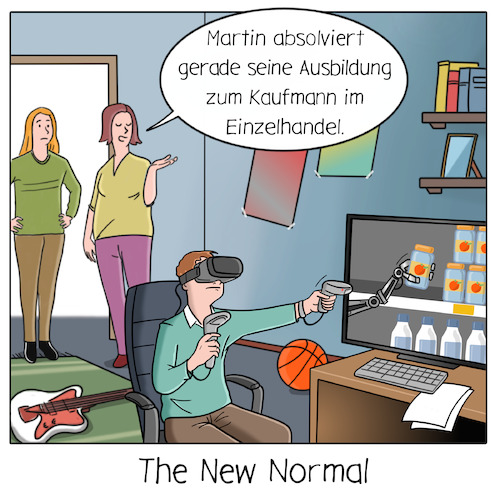 Cartoon: New Normal (medium) by Cloud Science tagged new,normal,ausbildung,bildung,lehre,homeoffice,vr,vrbrille,virtual,reality,business,wirtschaft,logistik,lager,regale,it,digitalisierung,change,wandel,work,arbeit40,zukunft,corona,covid19,remote,new,normal,ausbildung,bildung,lehre,homeoffice,vr,vrbrille,virtual,reality,business,wirtschaft,logistik,lager,regale,it,digitalisierung,change,wandel,work,arbeit40,zukunft,corona,covid19,remote