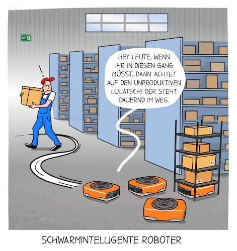 Cartoon: Schwarmintelligenz (medium) by Cloud Science tagged logistik,lager,lagerhalle,fertigung,produktion,arbeit,roboter,transportroboter,industrie,automatisierung,kollaborativer,verbund,schwarm,schwarmintelligenz,digitalisierung,technik,tech,ki,künstliche,intelligenz,flottenverbund,it,gruppe,kommunikation,m2m,betrieb,zukunft,logistik,lager,lagerhalle,fertigung,produktion,arbeit,roboter,transportroboter,industrie,automatisierung,kollaborativer,verbund,schwarm,schwarmintelligenz,digitalisierung,technik,tech,ki,künstliche,intelligenz,flottenverbund,it,gruppe,kommunikation,m2m,betrieb,zukunft