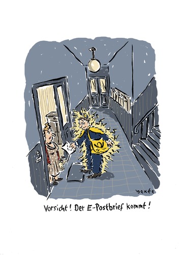 Cartoon: E-Postbrief (medium) by Bettina Bexte tagged post,brief,epostbrief,postbote,brieftraeger,kommunikation,post,brief,postbote,briefträger,kommunikation,elektronik,stromschlag