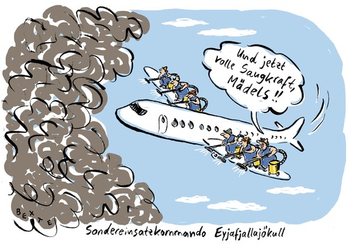 Cartoon: Vulkansauger (medium) by Bettina Bexte tagged vulkanasche,flugzeug,staubsauger,putzfrauen,luftfahrt,eyafjallajökull,vulkanasche,flugzeug,staubsauger,putzfrauen,luftfahrt,verkehr,flugverkehr,sicherheit,flugsicherheit,absturz,vulkan,ausbruch,fliegen,putzen,saugen