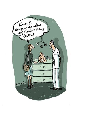 Cartoon: Wolfgang-Amadeus (medium) by Bettina Bexte tagged hochbegabung,eltern,mütter,pisa,baby,elite,kinder,arzt,hochbegabung,eltern,mütter,pisa,baby,elite,kinder,arzt,bildung,wissen,fähigkeiten,gehirn,amadeus,familie,nachwuchs,intelligenz