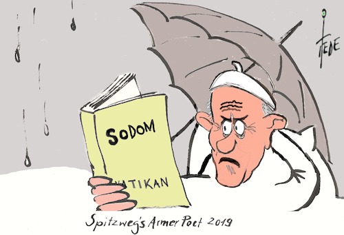 Cartoon: Franziskus (medium) by tiede tagged franziskus,vatikan,sodom,martel,fischer,2019,spitzweg,armer,poet,tiede,cartoon,karikatur,franziskus,vatikan,sodom,martel,fischer,2019,spitzweg,armer,poet,tiede,cartoon,karikatur