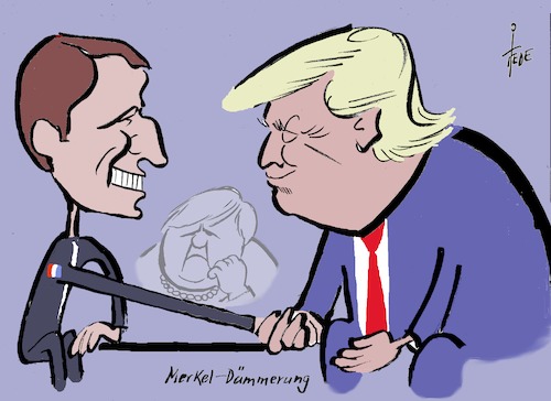 Cartoon: Macron - Trump (medium) by tiede tagged macron,trump,merkel,götterdämmerung,ring,der,nibelungen,oper,richard,wagner,tiede,cartoon,karikatur,macron,trump,merkel,götterdämmerung,ring,der,nibelungen,oper,richard,wagner,tiede,cartoon,karikatur