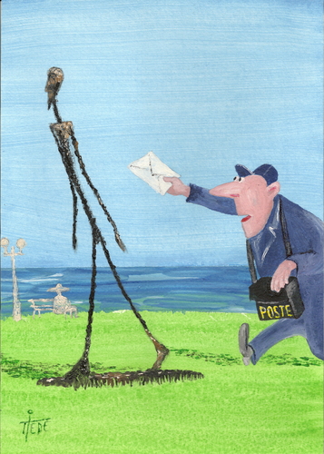 Cartoon: Un momento -  Senior Giacometti (medium) by tiede tagged briefträger,post,tiedemann,kunst,cartoon,existenzialismus,moderne,sculpture,bildhauer,giacometti,bildhauer,moderne,existenzialismus,kunst,post,briefträger