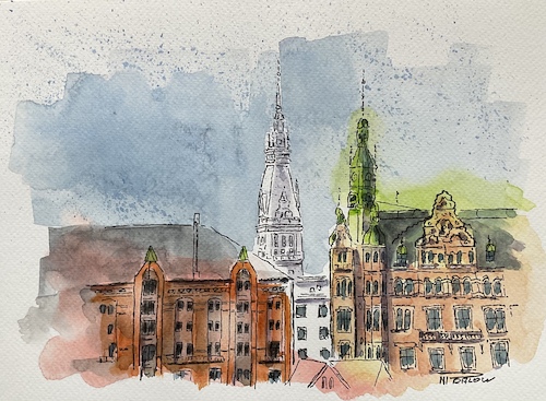 Cartoon: Blick auf das Rathaus HH (medium) by Pralow tagged hamburg,stadt,rathaus,tourismus,stadtrundgang,erlebnis,wochenende,aquarell,sketchen,hamburg,stadt,rathaus,tourismus,stadtrundgang,erlebnis,wochenende,aquarell,sketchen