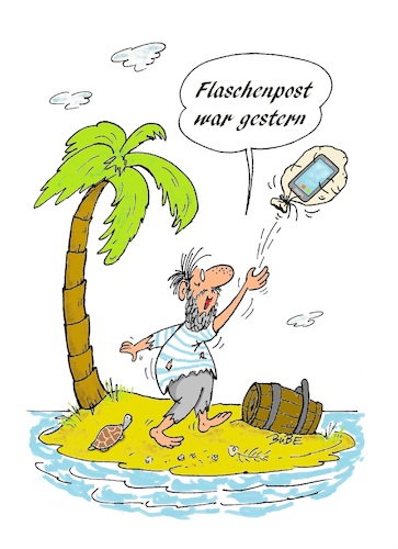 Cartoon: Flaschenpost (medium) by BuBE tagged handy,einsam,insel,schiffbruch,nachricht,senden,ozean,meer,handy,einsam,insel,schiffbruch,nachricht,senden,ozean,meer