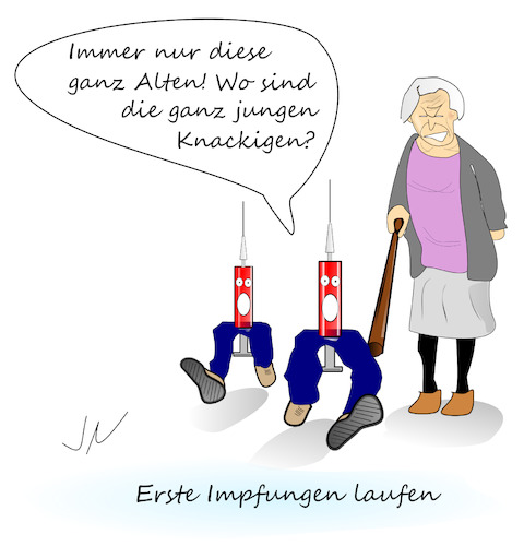 Cartoon: Erste Impfungen (medium) by Jochen N tagged jung,schön,attraktiv,impf,spritze,alt,knackig,laufen,rennen,oma,großmutter,stock,corona,pandemie,covid,19,lockdown,virus,viren,krank,biontech,moderna