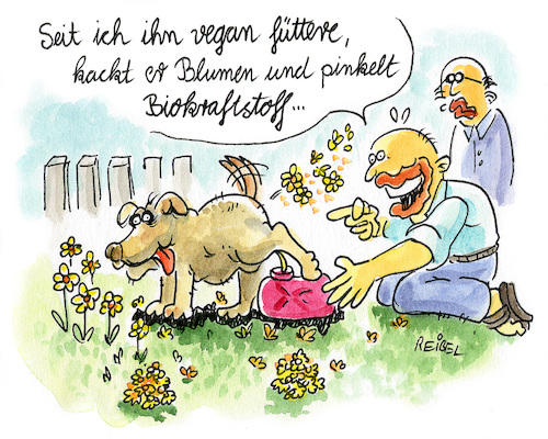 Cartoon: Biopiesel (medium) by REIBEL tagged biodiesel,vegan,natur,kraftstoff,hund,garten,auto,antrieb,biodiesel,vegan,natur,kraftstoff,hund,garten,auto,antrieb