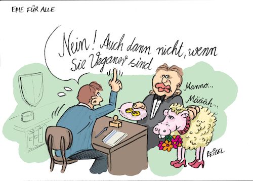 Cartoon: ehe für alle (medium) by REIBEL tagged ehe,standesamt,schaf,mann,ringe,beamter,vegan,ehe,standesamt,schaf,mann,ringe,beamter,vegan