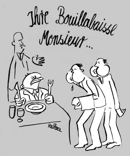 Cartoon: feinschmecker (medium) by REIBEL tagged restaurant,gastronomie,feinschmecker,bouillabaisse,fischsuppe,frisch,ober,suppe,servieren,ekel,restaurant,gastronomie,feinschmecker,bouillabaisse,fischsuppe,frisch,ober,suppe,servieren,ekel