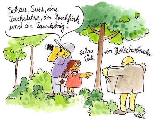 Cartoon: Frühlingsgefühle (medium) by REIBEL tagged exibitionist,wald,kind,vögelbeobachtung,vögel,nartur,exibitionist,wald,kind,vögelbeobachtung,vögel,nartur