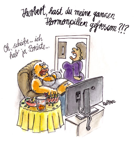 Cartoon: hormonie (medium) by REIBEL tagged pille,hormone,tabletten,missbrauch,fernsehen,smarties,drops,brüste,männerbrust,ehepaar,pille,hormone,tabletten,missbrauch,fernsehen,smarties,drops,brüste,männerbrust,ehepaar