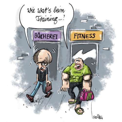 Cartoon: Kraftmeierei (medium) by REIBEL tagged training,bücherei,fitness,brain,muskel,aufbau,geschwollen,kraft,power,stärke,geist,körper,doping,training,bücherei,fitness,brain,muskel,aufbau,geschwollen,kraft,power,stärke,geist,körper,doping