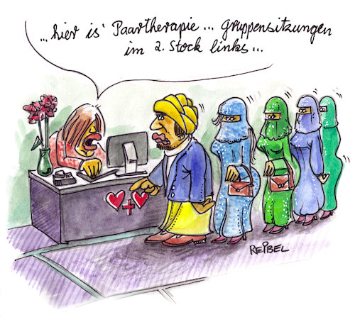 Cartoon: Paartherapie (medium) by REIBEL tagged paar,therapie,gruppe,beratung,poligamie,ehe,probleme,paar,therapie,gruppe,beratung,poligamie,ehe,probleme,harem,burka,schleier,liebe