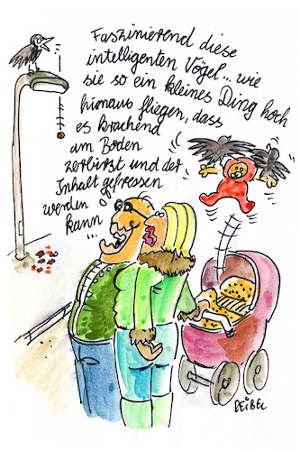 Cartoon: Schwarmintelligenz (medium) by REIBEL tagged rabe,krähe,nuss,intelligenz,kinderwagen,raub,eltern,laterne,vögel,tiere,rabe,krähe,nuss,intelligenz,kinderwagen,raub,eltern,laterne,vögel,tiere