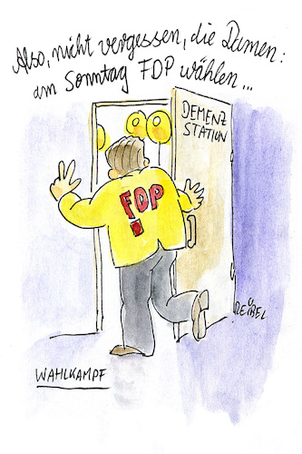 Cartoon: wahlkampf (medium) by REIBEL tagged wahl,wähler,fdp,demenz,wahlwerbung,aufruf,altersheim,wählerstimme,fünf,prozent,hürde,stimmenfang,strategie,politik,politiker,wahl,wähler,fdp,demenz,wahlwerbung,aufruf,altersheim,wählerstimme,fünf,prozent,hürde,stimmenfang,strategie,politik,politiker