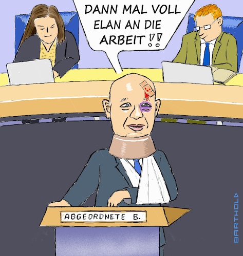 Cartoon: Auf zum Startsprint (medium) by Barthold tagged kai,wegner,cdu,regierender,bürgermeister,berlin,drei,wahlgänge,angeschlagen,start,amtsantritt,arm,schlinge,blaues,auge,pflaster,abgeordnetenhaus,rednerpult,cartoon,karikatur,barthold,kai,wegner,cdu,regierender,bürgermeister,berlin,drei,wahlgänge,angeschlagen,arm,schlinge,blaues,auge,pflaster,abgeordnetenhaus,rednerpult,cartoon,karikatur,barthold