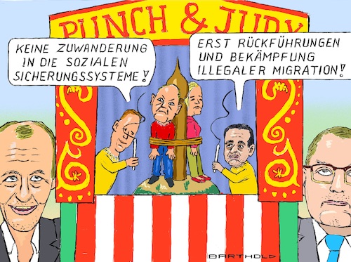 Cartoon: Berliner Puppenkiste (medium) by Barthold tagged ampel,koalitionsstreit,einbürgerungsrecht,fdp,opposition,christian,dürr,fraktionsvorsitzender,bijan,sarai,generalsekretär,olaf,scholz,nancy,faeser,friedrich,merz,union,cdu,tino,chrupalla,afd,kasperltheater,puppenspieler,cartoon,karikatur,barthold,ampel,koalitionsstreit,fdp,fünfte,kolonne,opposition,regierung,christian,dürr,fraktionsvorsitzender,bijan,sarai,generalsekretär,friedrich,merz,union,cdu,tino,chrupalla,afd,kasperltheater,puppenspieler,cartoon,karikatur,barthold