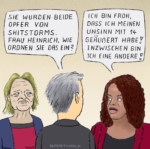 Cartoon: Blödsinnredner mit 14 u. mit 78 (medium) by Barthold tagged shitstorm,sarah,lee,heinrich,bundespressesprecherin,grüne,jugend,elke,heidenreich,schriftstellerin,markus,lanz,unsachliche,bösartige,vorwürfe,cartoon,karikatur,barthold,mit,shitstorm,sarah,lee,heinrich,bundespressesprecherin,grüne,jugend,elke,heidenreich,schriftstellerin,markus,lanz,unsachliche,bösartige,vorwürfe,cartoon,karikatur,barthold