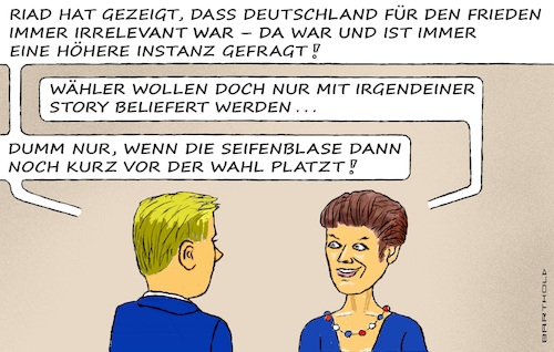 Cartoon: BSW Friedenskampagne (medium) by Barthold tagged bsw,friedenskampagne,ukraine,ukrainekrieg,lehre,riad,deutschland,ohne,vermittlungschancen,wahlargument,entfällt,sahra,wagenknecht,interview,cartoon,karikatur,barthold,bsw,friedenskampagne,ukraine,ukrainekrieg,lehre,riad,deutschland,ohne,vermittlungschancen,wahlargument,entfällt,sahra,wagenknecht,interview,cartoon,karikatur,barthold