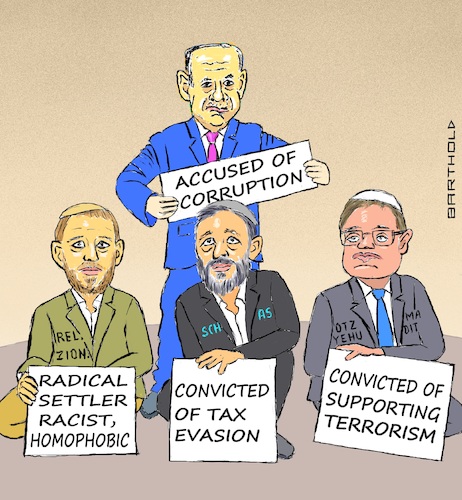 Cartoon: Criminal Organization (medium) by Barthold tagged benjamin,netanyahu,likud,government,forming,december,2022,arye,deri,shas,tax,fraud,evasion,bezalel,smotrich,religious,zionism,racist,homophobic,itamar,ben,gvir,otzma,yehudit,jewish,power,instigation,support,terrorist,organization,concern,fear,destruction,democracy,separation,powers,basic,rights,nondiscrimination,worsening,conflict,palestine,cartoon,caricature,barthold,benjamin,netanyahu,likud,government,forming,december,2022,arye,deri,shas,tax,fraud,evasion,bezalel,smotrich,religious,zionism,racist,homophobic,itamar,ben,gvir,otzma,yehudit,jewish,power,instigation,support,terrorist,organization,concern,fear,destruction,democracy,separation,powers,basic,rights,nondiscrimination,worsening,conflict,palestine,cartoon,caricature,barthold