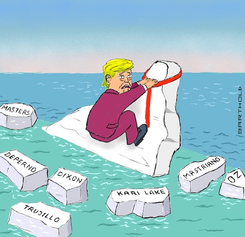 Cartoon: Ice Melting (medium) by Barthold tagged usa,midterm,elections,donald,trump,endorsed,candidates,defeated,democrats,election,deniers,propagating,big,lie,ice,floe,melting,losing,chunks,kari,lake,blake,masters,mehmet,oz,doug,mastriano,tudor,dixon,mathew,deperno,audrey,trujillo,cartoon,caricature,barthold,usa,midterm,elections,donald,trump,endorsed,candidates,defeated,democrats,election,deniers,propagating,big,lie,ice,floe,melting,losing,chunks,kari,lake,blake,masters,mehmet,oz,doug,mastriano,tudor,dixon,mathew,deperno,audrey,trujillo,cartoon,caricature,barthold