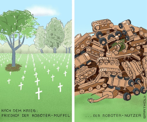 Cartoon: Kampfroboter (medium) by Barthold tagged kampfroboter,killerroboter,autonome,waffen,ki,küstliche,intelligenz,grüne,ächtung,soldatenfriedhof,schrottplatz,kriegsopfer,kriegstote,gefallene,karikatur,barthold,kampfroboter,killerroboter,autonome,waffen,ki,küstliche,intelligenz,grüne,ächtung,soldatenfriedhof,schrottplatz,kriegsopfer,kriegstote,gefallene,karikatur,barthold