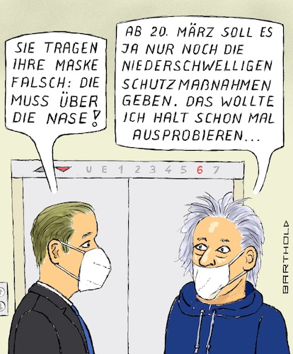 Cartoon: Lockerungen (medium) by Barthold tagged corona,pandemie,vierte,fünfte,welle,omikron,lockerungen,maßnahmen,märz,20,2022,ministerpräsidentenkonferenz,februar,16,niederschwellig,gespräch,fahrstuhl,maske,richtig,anlegen,cartoon,karikatur,barthold,corona,pandemie,vierte,fünfte,welle,omikron,lockerungen,maßnahmen,märz,20,2022,ministerpräsidentenkonferenz,februar,16,niederschwellig,gespräch,fahrstuhl,maske,richtig,anlegen,cartoon,karikatur,barthold