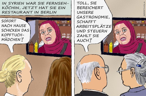 Cartoon: Nach d. Fall d. Assad-Regimes (medium) by Barthold tagged ende,assad,regime,diskussion,rückführung,flüchtlinge,hts,gefahr,islamistisches,system,notwendigkeit,abwarten,populistische,forderungen,wahlkampf,restaurant,malakeh,jazmati,berlin,gäste,begeistert,alice,weidel,partnerin,sarah,cartoon,karikatur,barthold,ende,assad,regime,diskussion,rückführung,flüchtlinge,hts,gefahr,islamistisches,system,notwendigkeit,abwarten,populistische,forderungen,wahlkampf,betreiberin,restaurant,malakeh,jazmati,berlin,gäste,begeistert,alice,weidel,prtnerin,sarah,cartoon,karikatur,barthold