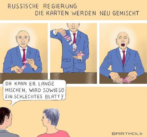 Cartoon: Russland neue Regierung (medium) by Barthold tagged russland,putin,kreml,neue,regierung,rücktritt,medwedjew,vize,präsidialer,sicherheitsrat,verfassungsreform,januar,2020,michail,mischustin,spielkarten,mischen,gähnen,russland,putin,kreml,neue,regierung,rücktritt,medwedjew,vize,präsidialer,sicherheitsrat,verfassungsreform,januar,2020,michail,mischustin,spielkarten,mischen,gähnen