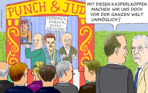 Cartoon: Senatsspr. Thune spricht es aus! (medium) by Barthold tagged kasperltheater,tom,homan,department,heimatschutz,ice,migrantenkinder,käfige,matt,gaetz,justizminister,missbrauch,minderjährige,unterschlagung,illegaler,drogenkonsum,robert,kennedy,gesundheitsminister,impfgegner,john,thune,senatssprecher,mitch,mcconnell,früher,sprecher,des,senats,cartoon,karikatur,barthold,kasperltheater,tom,homan,department,heimatschutz,ice,migrantenkinder,käfige,matt,gaetz,justizminister,missbrauch,minderjährige,unterschlagung,illegaler,drogenkonsum,robert,kennedy,gesundheitsminister,impfgegner,john,thune,senatssprecher,mitch,mcconnell,früher,sprecher,des,senats,cartoon,karikatur,barthold