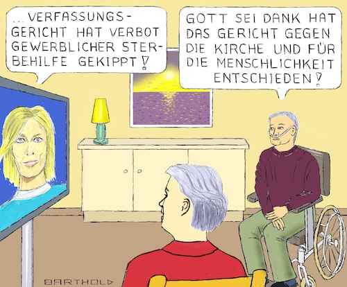 Cartoon: Sterbehilfe-Urteil (medium) by Barthold tagged bundesverfassungsgericht,urteil,februar,26,2020,entscheidung,legalität,gewerbliche,geschäftsmäßige,sterbehilfe,paragraf,217,stgb,fernseher,nachrichtensprecherin,ehepaar,rollstuhl,nasenbrille,zuführung,sauerstoff,copd,patient,karikatur,barthold,bundesverfassungsgericht,urteil,februar,26,2020,entscheidung,legalität,gewerbliche,geschäftsmäßige,sterbehilfe,paragraf,217,stgb,fernseher,nachrichtensprecherin,ehepaar,rollstuhl,nasenbrille,zuführung,sauerstoff,copd,patient,karikatur,barthold