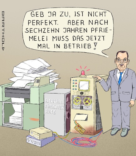 Cartoon: Top System! (medium) by Barthold tagged jens,spahn,bundesgesundheitsminister,epa,elektronische,patientenakte,mängel,dsgvo,datenschutz,zeilendrucker,computer,plattenspeicher,warnlampe,improvisation,cartoon,karikatur,barthold,jens,spahn,bundesgesundheitsminister,epa,elektronische,patientenakte,mängel,dsgvo,datenschutz,zeilendrucker,computer,plattenspeicher,warnlampe,improvisation,cartoon,karikatur,barthold