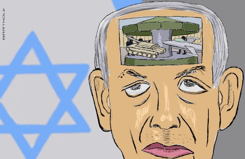 Cartoon: Trapped in the Logic of War (medium) by Barthold tagged israel,benjamin,netanyahu,one,year,war,against,hamas,hezbollah,iran,only,contents,head,modalities,mary,go,round,soldiers,tank,attack,aircraft,fighter,jet,cartoon,caricature,barthold,israel,benjamin,netanyahu,one,year,war,against,hamas,hezbollah,iran,only,contents,head,modalities,mary,go,round,soldiers,tank,attack,aircraft,fighter,jet,cartoon,caricature,barthold